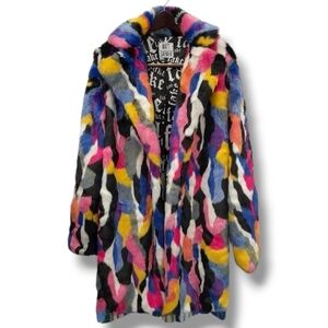 MATT SARAFA RAINBOW Faux Fur SILK Lined Coat NWOT, OG Length, Custom Made